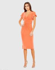 Orange Flounce Sleeve Midi Dress