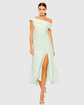 Green Ruched Off-The-Shoulder Midi Dress