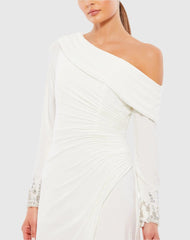 White Foldover Long Sleeve Jeweled Midi Dress