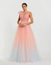 Pink Ruffle Shoulder V Neck Ombre Tulle Ball Gown