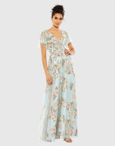 Blue Floral Flutter Sleeve V-Neck Maxi Dress