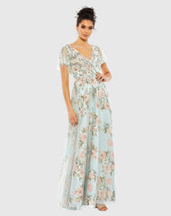 Blue Floral Flutter Sleeve V-Neck Maxi Dress