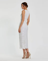 White Striped Floral Embellished Sleeveless Midi Dress