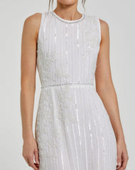 White Striped Floral Embellished Sleeveless Midi Dress