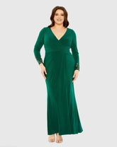 Green Long Crystal Detail Sleeve V Neck Gown