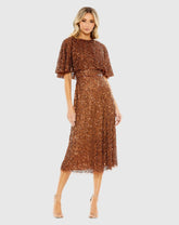 Brown Embellished Cape High Neck Midi Dress - FINAL SALE
